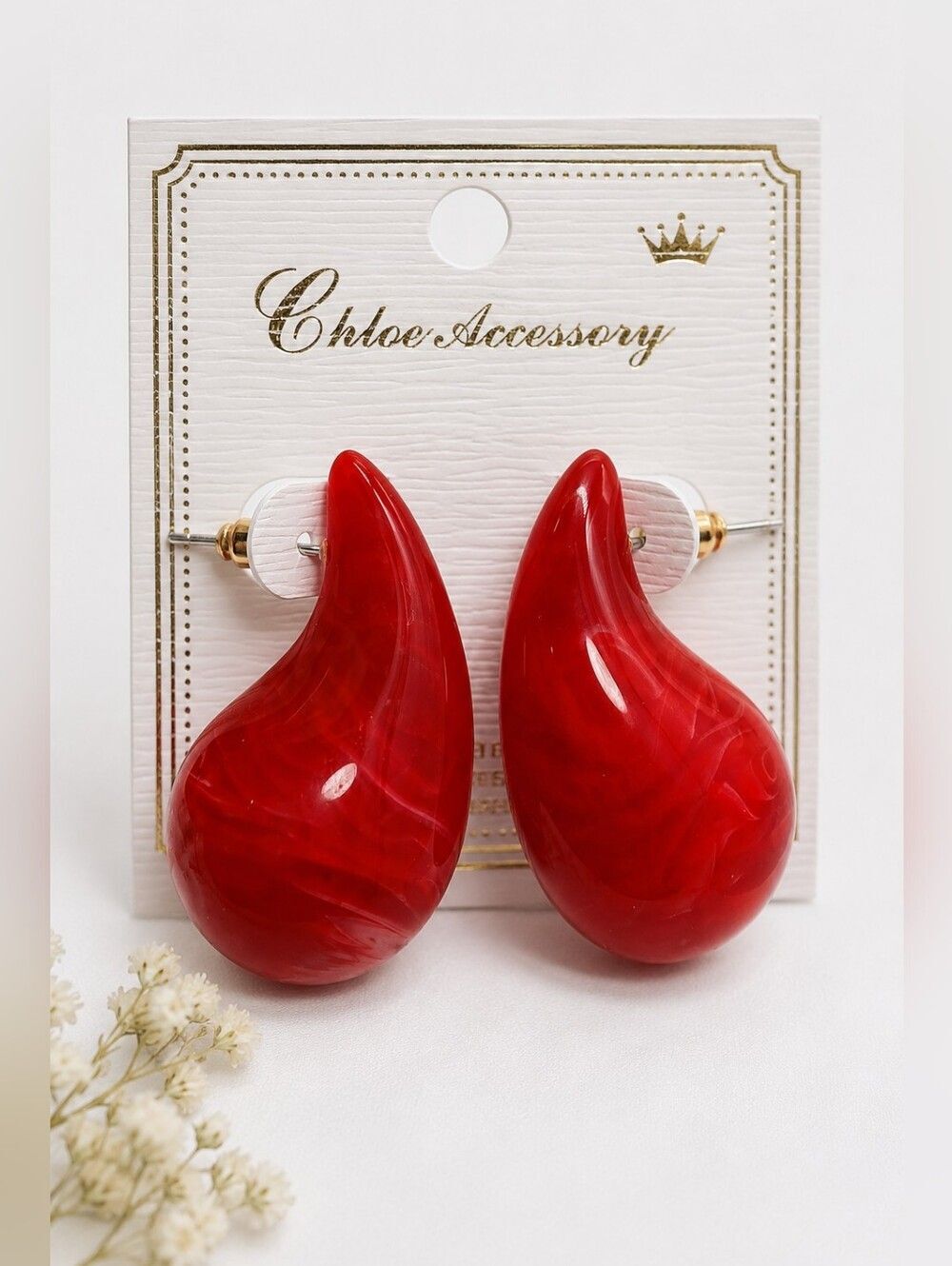 Vintage Style Red Teardrop Statement Earrings Marbled Acrylic Retro Studs